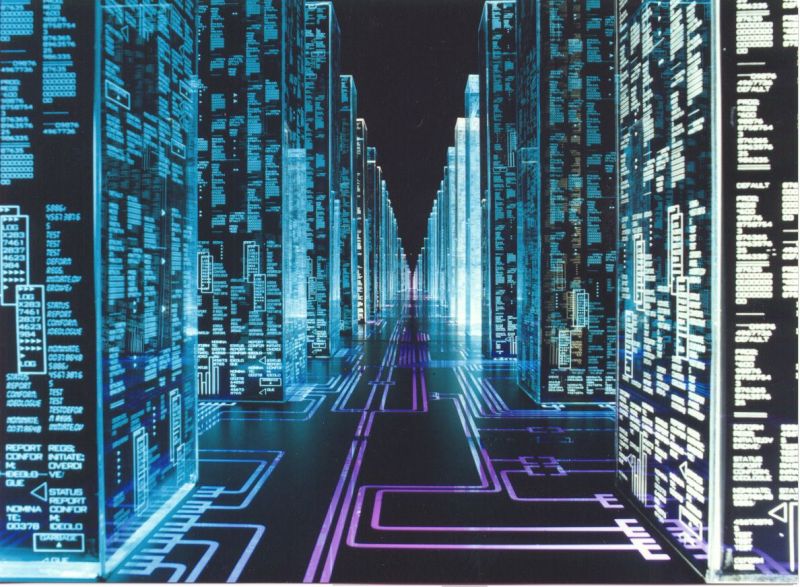This meme is an image of a cityscape with towering skyscrapers made up of lines of code. The text "I can see my house from here" is written in a small window in the top-right corner of the image, referencing the classic song "I Can See the ...".